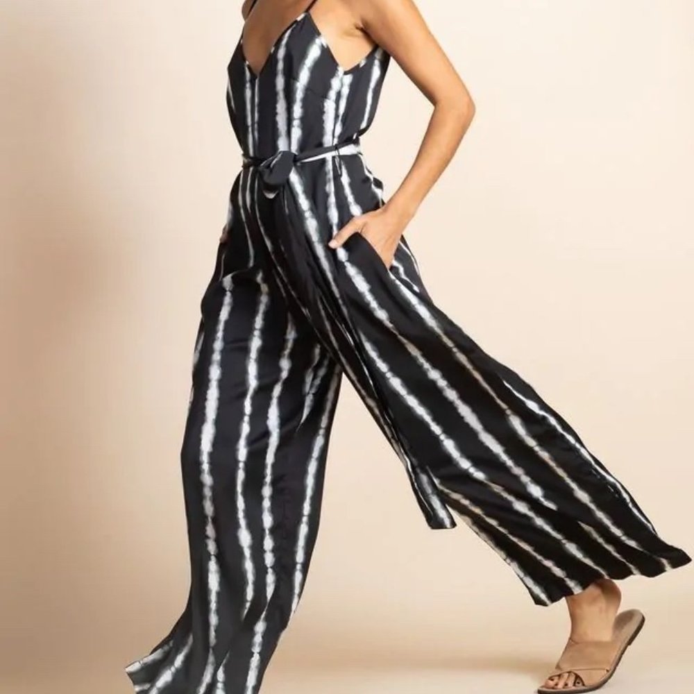 GABRIELLA JUMPSUIT IN TIE DYE BLACK AND WHITE STRIPE RECYCLED MATERIALS